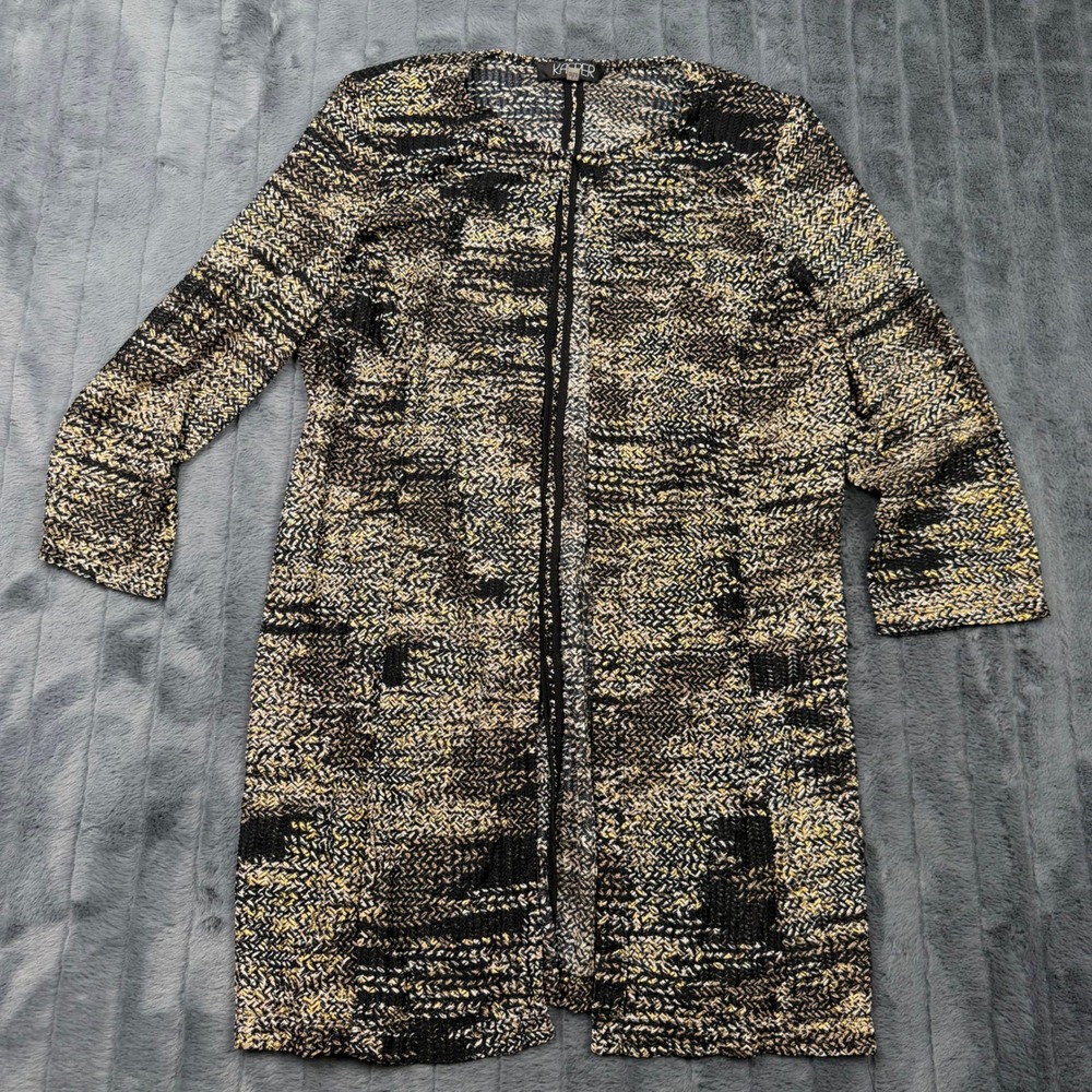 Kasper Womens Large Metallic Gold Black Knit Open Front Duster Cardigan Sweater